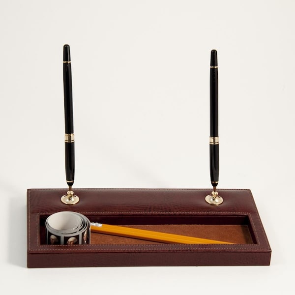 Buena Voluntad International Tan Leather Double Pen Stand with Gold Plated Accents BU2537197 - main